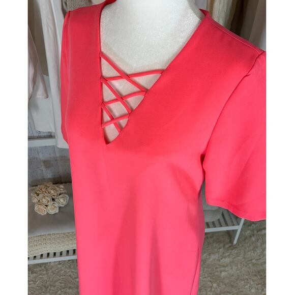 Eci NEw York Women's Size XS Bright Pink Criss Cross V Neck Shift Dress #0254 - Picture 4 of 10